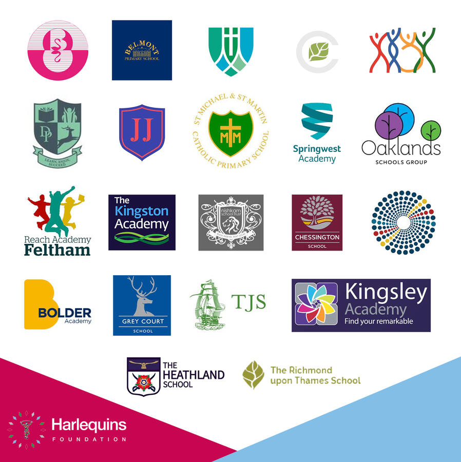 Social media post I designed for Harlequins Foundation compiling the logos of different schools they do work for.