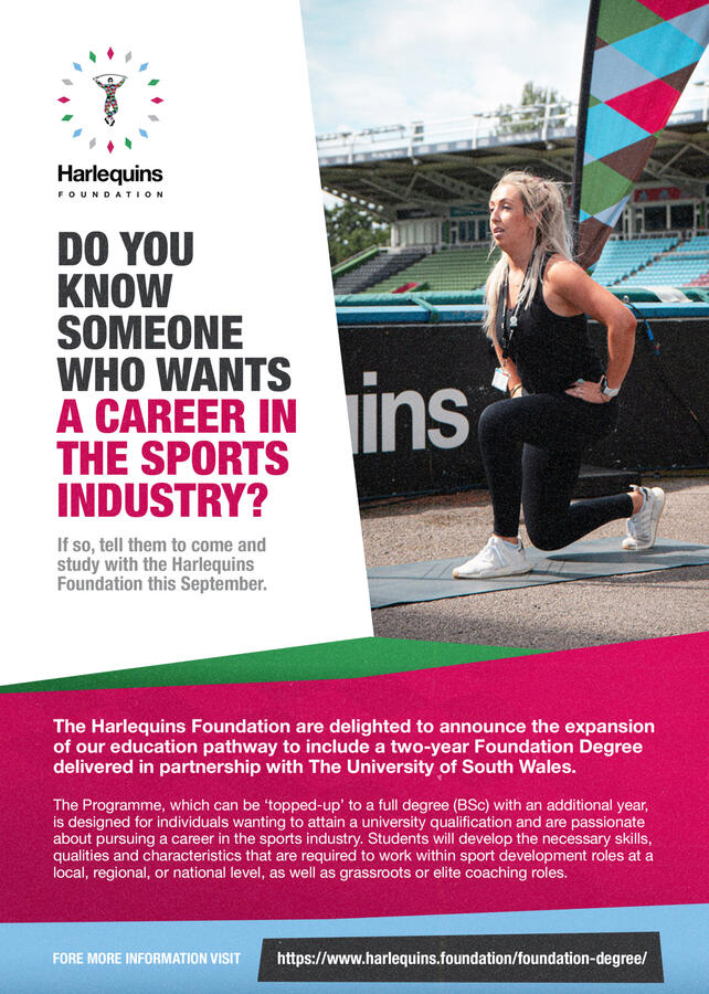 Flyer design I created in PS during my time working at the Harlequins Foundation.